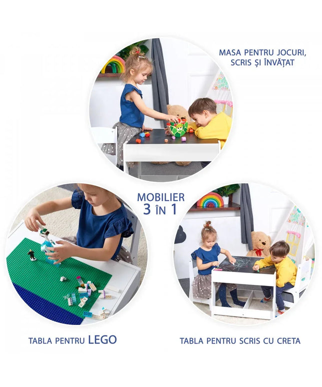 Masa cu scaune pentru copii si tabla compatibila cu piese LEGO, din MDF, Sertare Depozitare, Organizator Jucarii, Tabla de Scris, Desenat, Studiat. Alb cu gri, 3-6 ani - Bebeboo - Totul pentru copii. Jucării, Hăinuțe, Perne, Mobilier, Textile