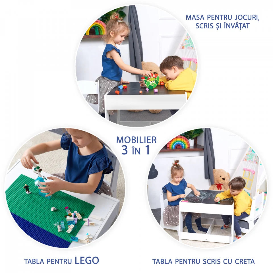 Masa cu scaune pentru copii si tabla compatibila cu piese LEGO, din MDF, Sertare Depozitare, Organizator Jucarii, Tabla de Scris, Desenat, Studiat. Alb cu gri, 3-6 ani