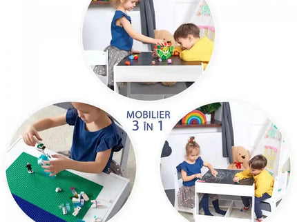 Masa cu scaune pentru copii si tabla compatibila cu piese LEGO, din MDF, Sertare Depozitare, Organizator Jucarii, Tabla de Scris, Desenat, Studiat. Alb cu gri, 3-6 ani - Bebeboo - Totul pentru copii. Jucării, Hăinuțe, Perne, Mobilier, Textile