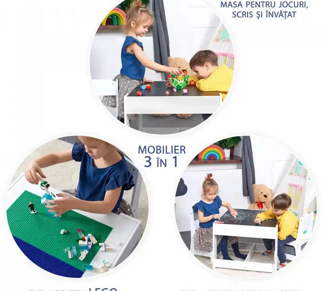Masa cu scaune pentru copii si tabla compatibila cu piese LEGO, din MDF, Sertare Depozitare, Organizator Jucarii, Tabla de Scris, Desenat, Studiat. Alb cu gri, 3-6 ani - Bebeboo - Totul pentru copii. Jucării, Hăinuțe, Perne, Mobilier, Textile