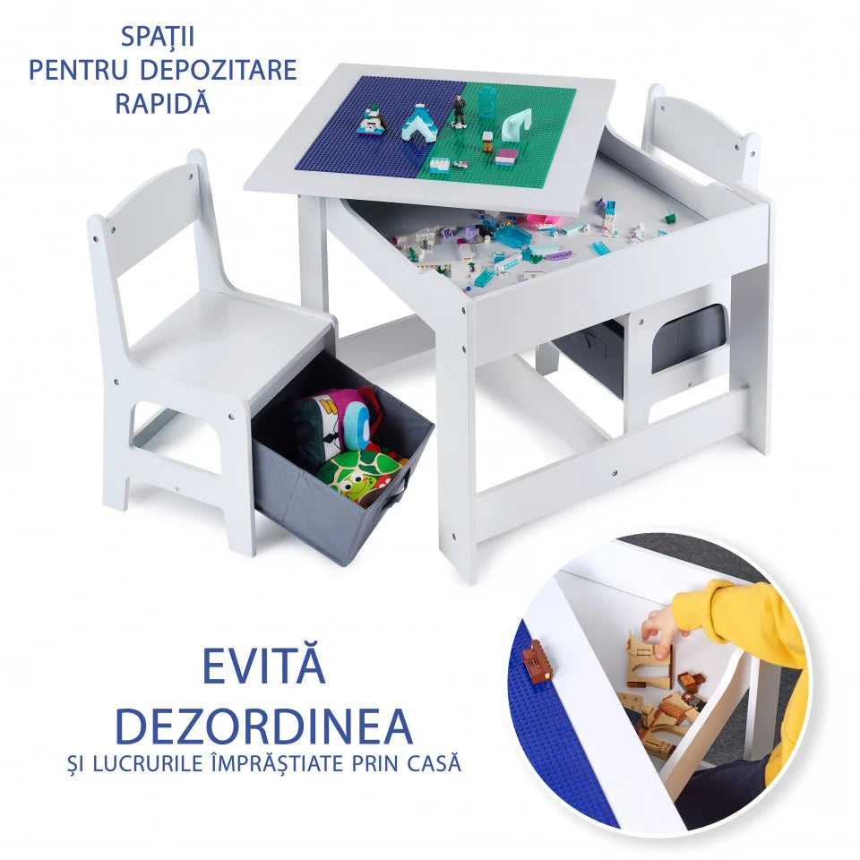 Masa cu scaune pentru copii si tabla compatibila cu piese LEGO, din MDF, Sertare Depozitare, Organizator Jucarii, Tabla de Scris, Desenat, Studiat. Alb cu gri, 3-6 ani