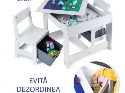 Masa cu scaune pentru copii si tabla compatibila cu piese LEGO, din MDF, Sertare Depozitare, Organizator Jucarii, Tabla de Scris, Desenat, Studiat. Alb cu gri, 3-6 ani - Bebeboo - Totul pentru copii. Jucării, Hăinuțe, Perne, Mobilier, Textile