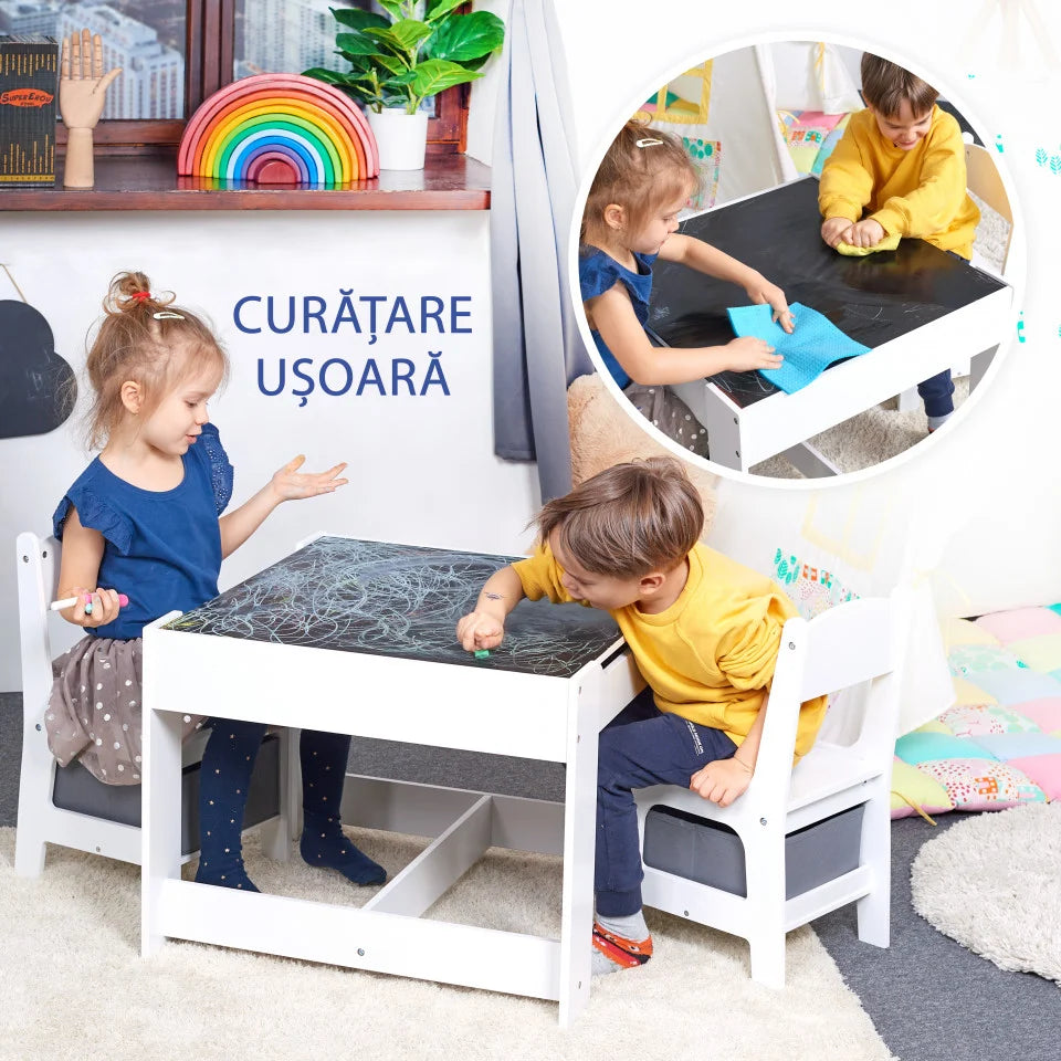 Masa cu scaune pentru copii si tabla compatibila cu piese LEGO, din MDF, Sertare Depozitare, Organizator Jucarii, Tabla de Scris, Desenat, Studiat. Alb cu gri, 3-6 ani