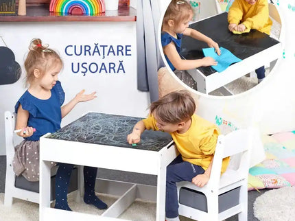 Masa cu scaune pentru copii si tabla compatibila cu piese LEGO, din MDF, Sertare Depozitare, Organizator Jucarii, Tabla de Scris, Desenat, Studiat. Alb cu gri, 3-6 ani - Bebeboo - Totul pentru copii. Jucării, Hăinuțe, Perne, Mobilier, Textile