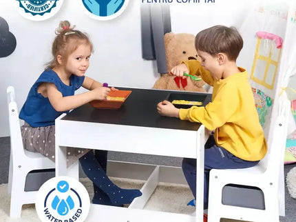 Masa cu scaune pentru copii si tabla compatibila cu piese LEGO, din MDF, Sertare Depozitare, Organizator Jucarii, Tabla de Scris, Desenat, Studiat. Alb cu gri, 3-6 ani - Bebeboo - Totul pentru copii. Jucării, Hăinuțe, Perne, Mobilier, Textile