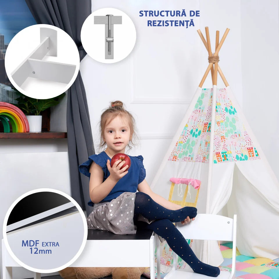 Masa cu scaune pentru copii si tabla compatibila cu piese LEGO, din MDF, Sertare Depozitare, Organizator Jucarii, Tabla de Scris, Desenat, Studiat. Alb cu gri, 3-6 ani