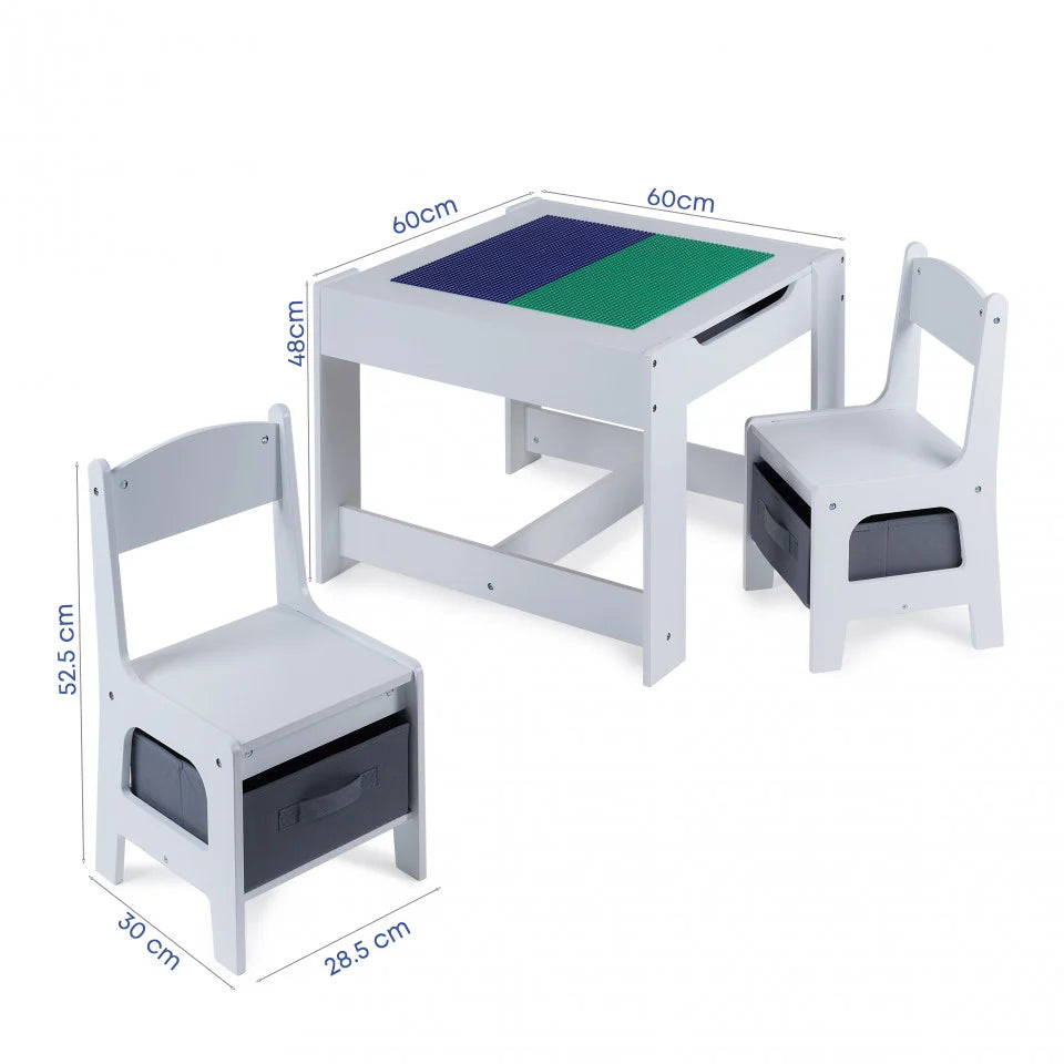 Masa cu scaune pentru copii si tabla compatibila cu piese LEGO, din MDF, Sertare Depozitare, Organizator Jucarii, Tabla de Scris, Desenat, Studiat. Alb cu gri, 3-6 ani