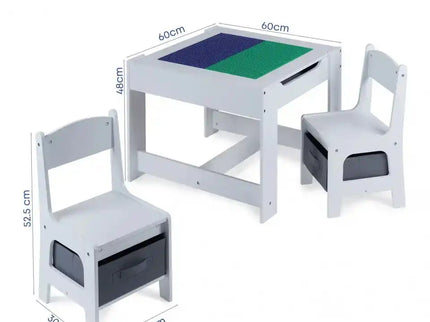 Masa cu scaune pentru copii si tabla compatibila cu piese LEGO, din MDF, Sertare Depozitare, Organizator Jucarii, Tabla de Scris, Desenat, Studiat. Alb cu gri, 3-6 ani - Bebeboo - Totul pentru copii. Jucării, Hăinuțe, Perne, Mobilier, Textile