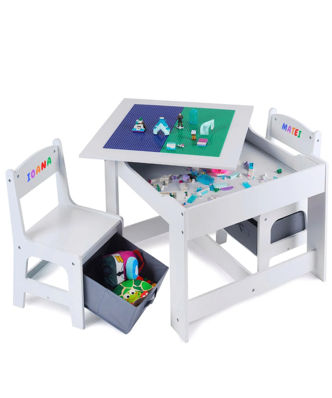 Masa cu scaune pentru copii si tabla compatibila cu piese LEGO, din MDF, Sertare Depozitare, Organizator Jucarii, Tabla de Scris, Desenat, Studiat. Alb cu gri, 3-6 ani