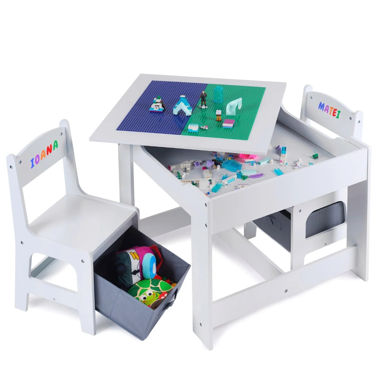 Masa cu scaune pentru copii si tabla compatibila cu piese LEGO, din MDF, Sertare Depozitare, Organizator Jucarii, Tabla de Scris, Desenat, Studiat. Alb cu gri, 3-6 ani