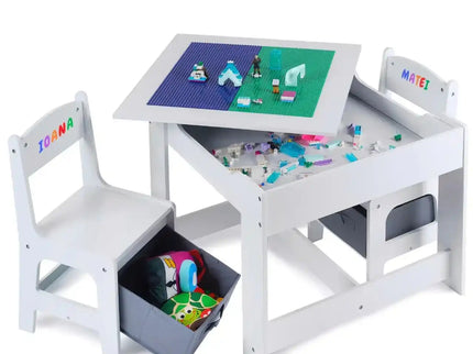 Masa cu scaune pentru copii si tabla compatibila cu piese LEGO, din MDF, Sertare Depozitare, Organizator Jucarii, Tabla de Scris, Desenat, Studiat. Alb cu gri, 3-6 ani - Bebeboo - Totul pentru copii. Jucării, Hăinuțe, Perne, Mobilier, Textile