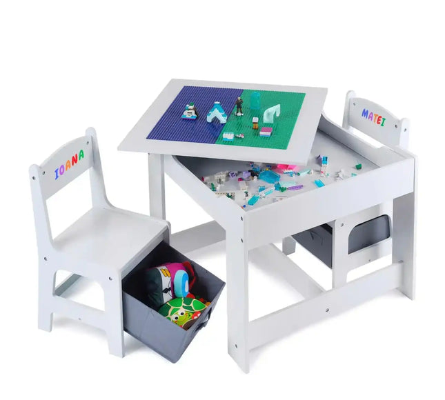 Masa cu scaune pentru copii si tabla compatibila cu piese LEGO, din MDF, Sertare Depozitare, Organizator Jucarii, Tabla de Scris, Desenat, Studiat. Alb cu gri, 3-6 ani - Bebeboo - Totul pentru copii. Jucării, Hăinuțe, Perne, Mobilier, Textile