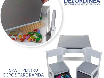 Set Masuta cu scaun pentru copii din Lemn Mdf 3 in 1, Tabla De Scris, Desenat, Colorat, Depozitare, Varsta 3-6 Ani, Alb cu Gri - Bebeboo - Totul pentru copii. Jucării, Hăinuțe, Perne, Mobilier, Textile