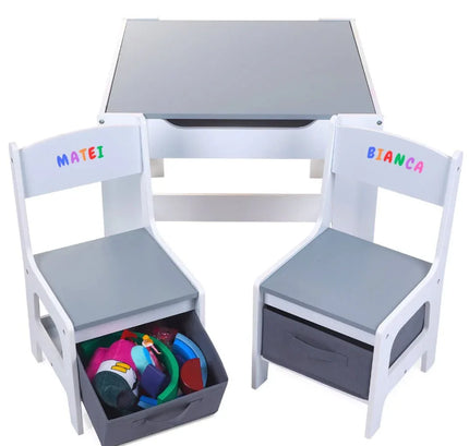 Set Masuta cu scaun pentru copii din Lemn Mdf 3 in 1, Tabla De Scris, Desenat, Colorat, Depozitare, Varsta 3-6 Ani, Alb cu Gri - Bebeboo - Totul pentru copii. Jucării, Hăinuțe, Perne, Mobilier, Textile