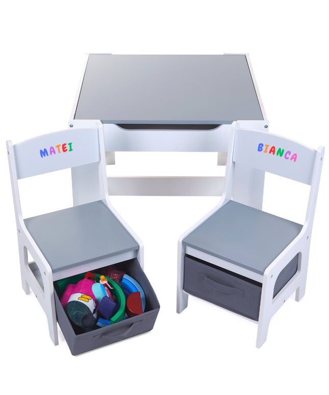 Set Masuta cu scaun pentru copii din Lemn Mdf 3 in 1, Tabla De Scris, Desenat, Colorat, Depozitare, Varsta 3-6 Ani, Alb cu Gri