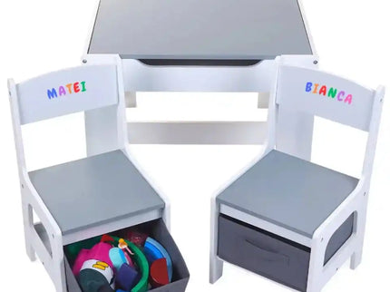 Set Masuta cu scaun pentru copii din Lemn Mdf 3 in 1, Tabla De Scris, Desenat, Colorat, Depozitare, Varsta 3-6 Ani, Alb cu Gri - Bebeboo - Totul pentru copii. Jucării, Hăinuțe, Perne, Mobilier, Textile