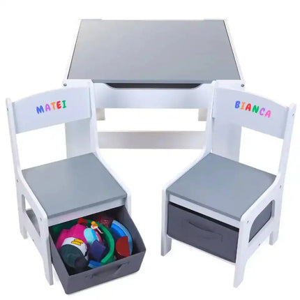 Set Masuta cu scaun pentru copii din Lemn Mdf 3 in 1, Tabla De Scris, Desenat, Colorat, Depozitare, Varsta 3-6 Ani, Alb cu Gri - Bebeboo - Totul pentru copii. Jucării, Hăinuțe, Perne, Mobilier, Textile