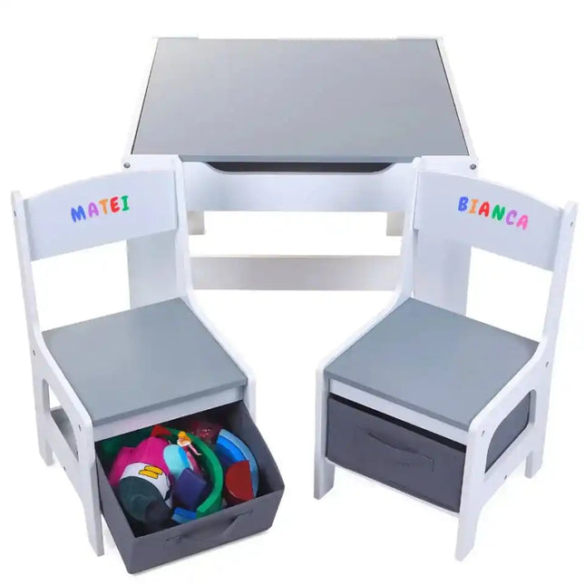 Set Masuta cu scaun pentru copii din Lemn Mdf 3 in 1, Tabla De Scris, Desenat, Colorat, Depozitare, Varsta 3-6 Ani, Alb cu Gri - Bebeboo - Totul pentru copii. Jucării, Hăinuțe, Perne, Mobilier, Textile
