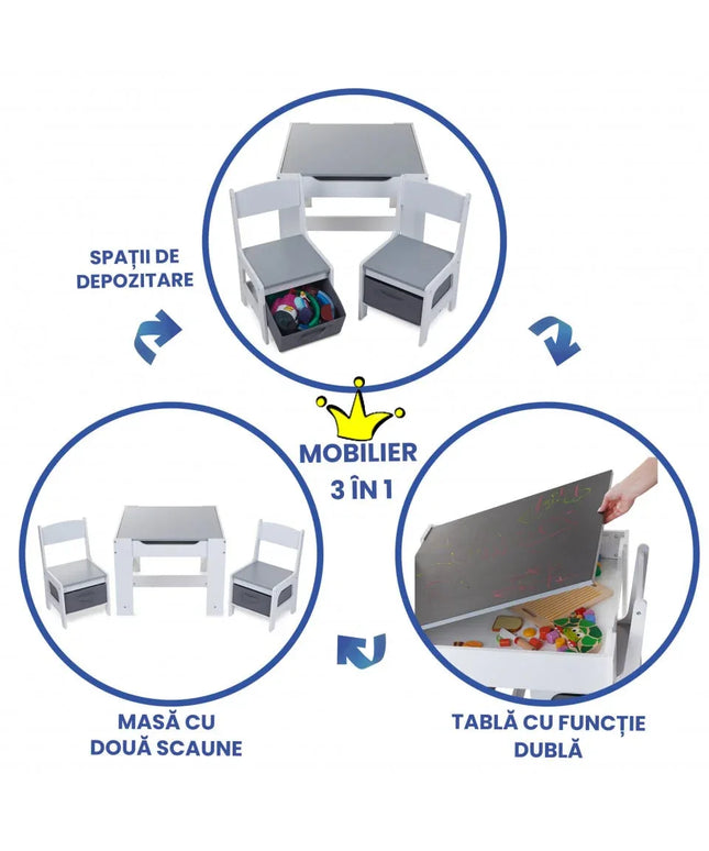 Set Masuta cu scaun pentru copii din Lemn Mdf 3 in 1, Tabla De Scris, Desenat, Colorat, Depozitare, Varsta 3-6 Ani, Alb cu Gri - Bebeboo - Totul pentru copii. Jucării, Hăinuțe, Perne, Mobilier, Textile