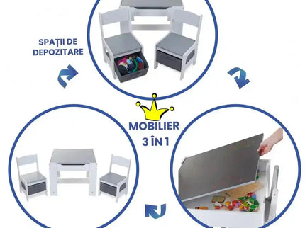 Set Masuta cu scaun pentru copii din Lemn Mdf 3 in 1, Tabla De Scris, Desenat, Colorat, Depozitare, Varsta 3-6 Ani, Alb cu Gri - Bebeboo - Totul pentru copii. Jucării, Hăinuțe, Perne, Mobilier, Textile