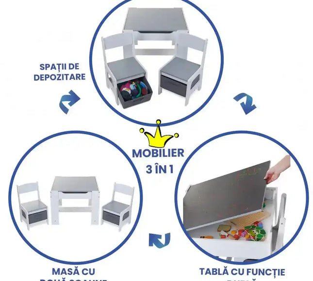 Set Masuta cu scaun pentru copii din Lemn Mdf 3 in 1, Tabla De Scris, Desenat, Colorat, Depozitare, Varsta 3-6 Ani, Alb cu Gri - Bebeboo - Totul pentru copii. Jucării, Hăinuțe, Perne, Mobilier, Textile