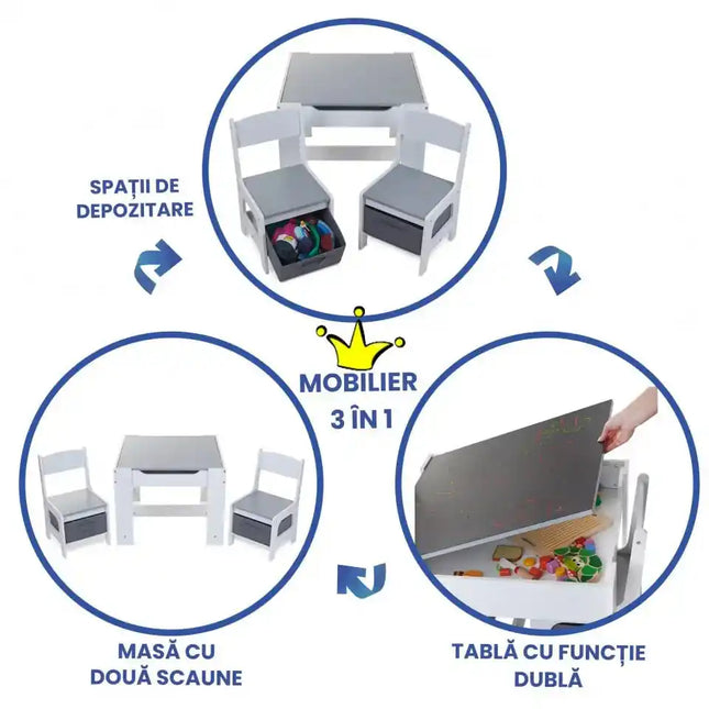 Set Masuta cu scaun pentru copii din Lemn Mdf 3 in 1, Tabla De Scris, Desenat, Colorat, Depozitare, Varsta 3-6 Ani, Alb cu Gri - Bebeboo - Totul pentru copii. Jucării, Hăinuțe, Perne, Mobilier, Textile