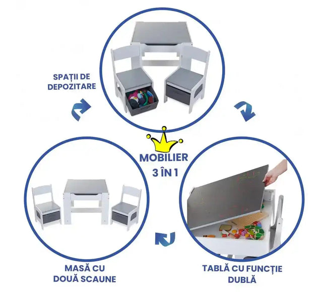 Set Masuta cu scaun pentru copii din Lemn Mdf 3 in 1, Tabla De Scris, Desenat, Colorat, Depozitare, Varsta 3-6 Ani, Alb cu Gri - Bebeboo - Totul pentru copii. Jucării, Hăinuțe, Perne, Mobilier, Textile