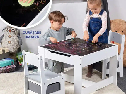 Set Masuta cu scaun pentru copii din Lemn Mdf 3 in 1, Tabla De Scris, Desenat, Colorat, Depozitare, Varsta 3-6 Ani, Alb cu Gri - Bebeboo - Totul pentru copii. Jucării, Hăinuțe, Perne, Mobilier, Textile