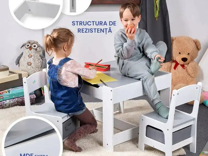 Set Masuta cu scaun pentru copii din Lemn Mdf 3 in 1, Tabla De Scris, Desenat, Colorat, Depozitare, Varsta 3-6 Ani, Alb cu Gri - Bebeboo - Totul pentru copii. Jucării, Hăinuțe, Perne, Mobilier, Textile