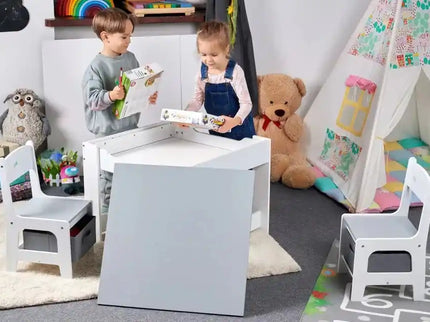 Set Masuta cu scaun pentru copii din Lemn Mdf 3 in 1, Tabla De Scris, Desenat, Colorat, Depozitare, Varsta 3-6 Ani, Alb cu Gri - Bebeboo - Totul pentru copii. Jucării, Hăinuțe, Perne, Mobilier, Textile