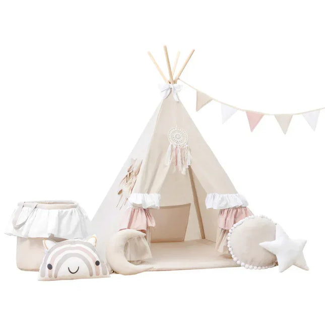 MEGA Set Cort teepee pentru copii, 110 cm x 110 cm - Sweet Ruffles - Bebeboo - Totul pentru copii. Jucării, Hăinuțe, Perne, Mobilier, Textile