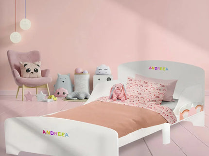 Pat Copii cu Protectie Laterala si Raft Depozitare Carti si Jucarii, Model Curcubeu, Patut pentru Fetite Varsta de 3 - 8 Ani, Mobilier din Lemn MDF, Alb + Bonus Stickere Fosforescente - Bebeboo - Totul pentru copii. Jucării, Hăinuțe, Perne, Mobilier, Textile