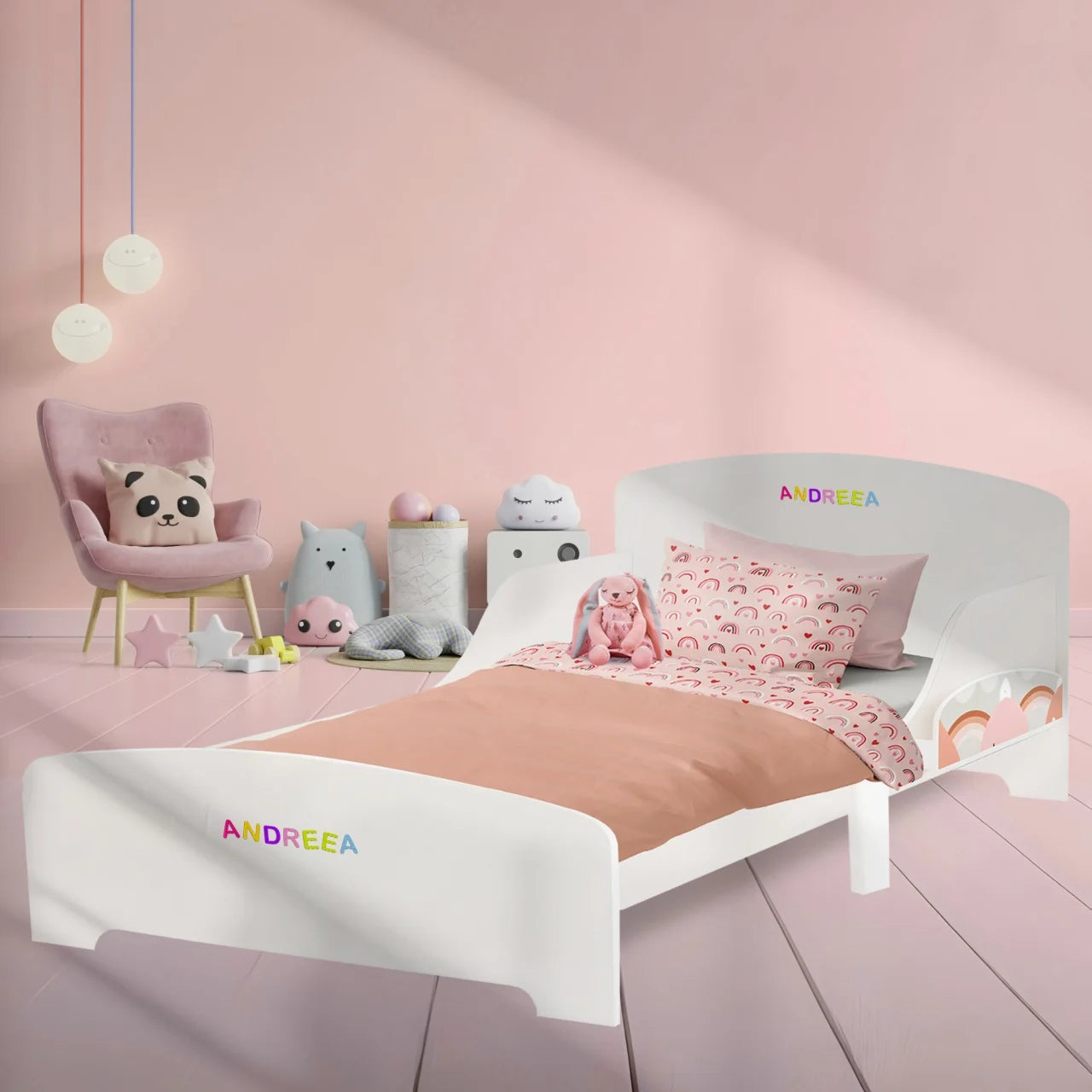 Pat Copii cu Protectie Laterala si Raft Depozitare Carti si Jucarii, Model Curcubeu, Patut pentru Fetite Varsta de 3 - 8 Ani, Mobilier din Lemn MDF, Alb + Bonus Stickere Fosforescente