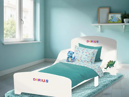 Pat Copii cu Protectie Laterala si Raft Depozitare Carti si Jucarii, Model Dinozaur, Patut pentru Baieti si Fetite Varsta de 3 - 8 Ani, Mobilier din Lemn MDF, Alb + Bonus Stickere Fosforescente - Bebeboo - Totul pentru copii. Jucării, Hăinuțe, Perne, Mobilier, Textile