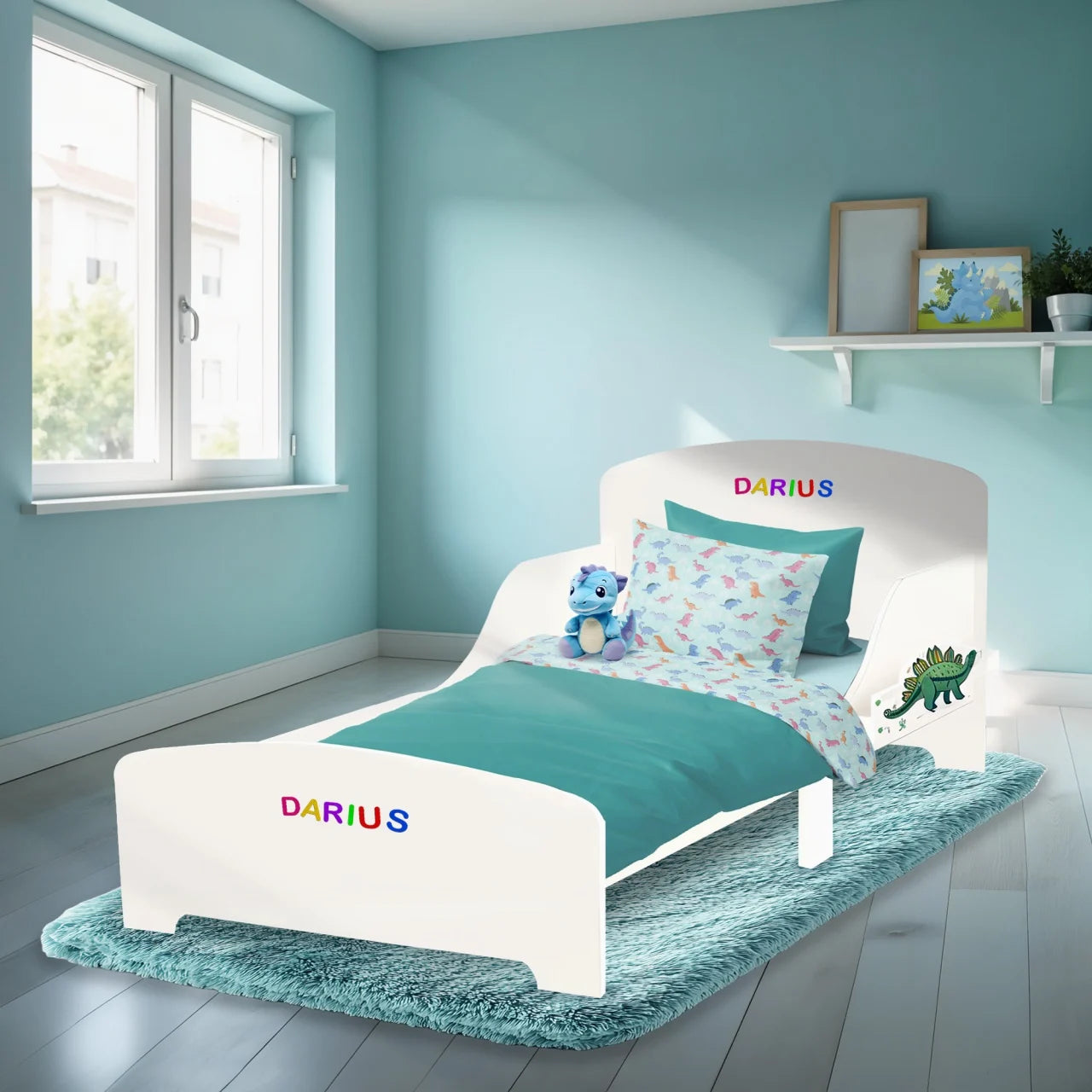 Pat Copii cu Protectie Laterala si Raft Depozitare Carti si Jucarii, Model Dinozaur, Patut pentru Baieti si Fetite Varsta de 3 - 8 Ani, Mobilier din Lemn MDF, Alb + Bonus Stickere Fosforescente