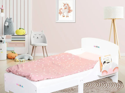 Pat Copii cu Protectie Laterala si Raft Depozitare Carti si Jucarii, Model Curcubeu, Patut pentru Fetite Varsta de 3 - 8 Ani, Mobilier din Lemn MDF, Alb + Bonus Stickere Fosforescente - Bebeboo - Totul pentru copii. Jucării, Hăinuțe, Perne, Mobilier, Textile