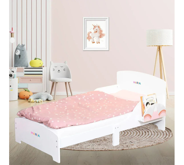Pat Copii cu Protectie Laterala si Raft Depozitare Carti si Jucarii, Model Curcubeu, Patut pentru Fetite Varsta de 3 - 8 Ani, Mobilier din Lemn MDF, Alb + Bonus Stickere Fosforescente - Bebeboo - Totul pentru copii. Jucării, Hăinuțe, Perne, Mobilier, Textile