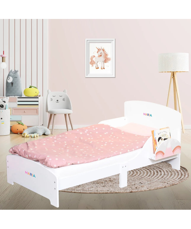 Pat Copii cu Protectie Laterala si Raft Depozitare Carti si Jucarii, Model Curcubeu, Patut pentru Fetite Varsta de 3 - 8 Ani, Mobilier din Lemn MDF, Alb + Bonus Stickere Fosforescente