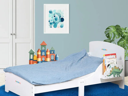 Pat Copii cu Protectie Laterala si Raft Depozitare Carti si Jucarii, Model Dinozaur, Patut pentru Baieti si Fetite Varsta de 3 - 8 Ani, Mobilier din Lemn MDF, Alb + Bonus Stickere Fosforescente - Bebeboo - Totul pentru copii. Jucării, Hăinuțe, Perne, Mobilier, Textile