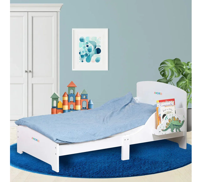 Pat Copii cu Protectie Laterala si Raft Depozitare Carti si Jucarii, Model Dinozaur, Patut pentru Baieti si Fetite Varsta de 3 - 8 Ani, Mobilier din Lemn MDF, Alb + Bonus Stickere Fosforescente - Bebeboo - Totul pentru copii. Jucării, Hăinuțe, Perne, Mobilier, Textile