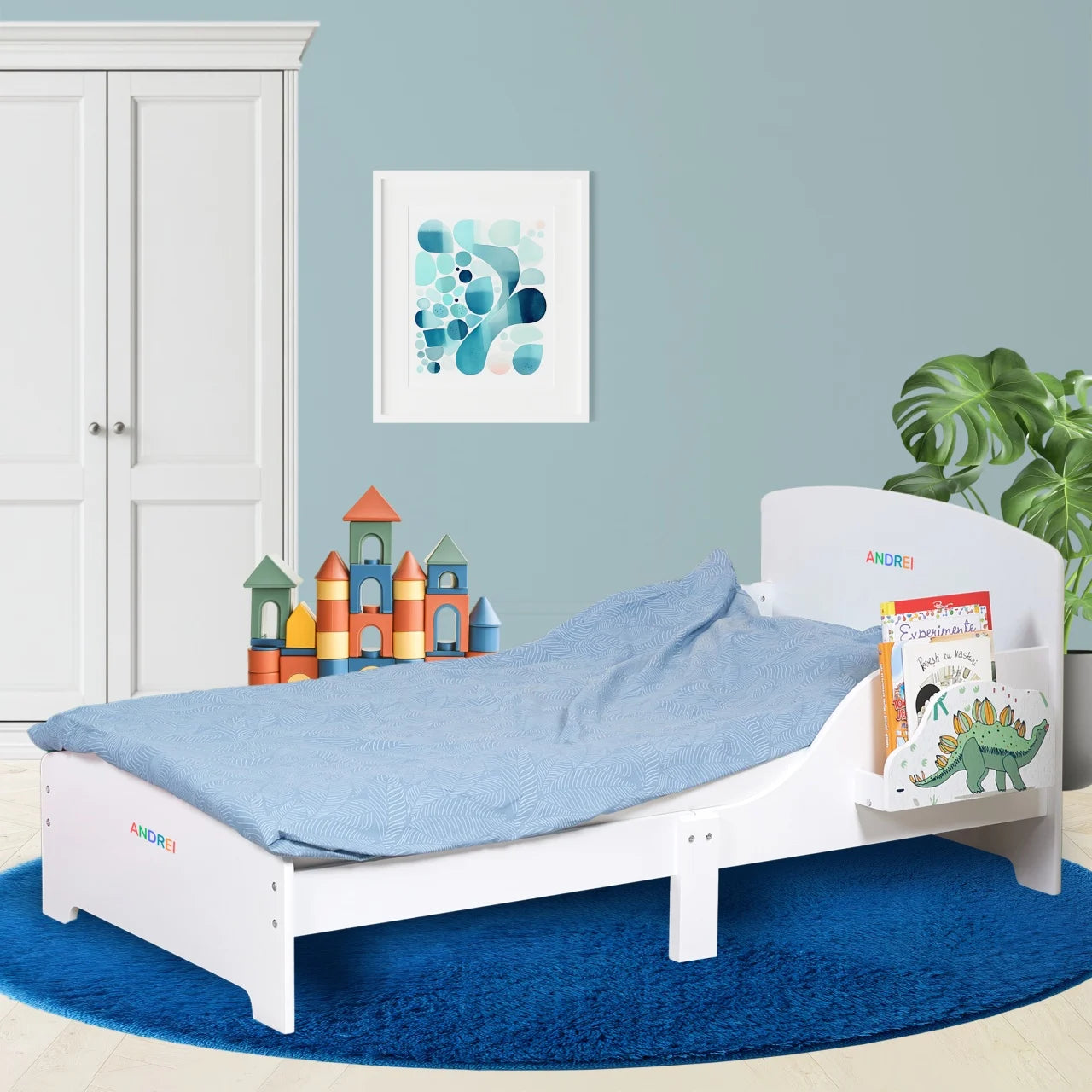 Pat Copii cu Protectie Laterala si Raft Depozitare Carti si Jucarii, Model Dinozaur, Patut pentru Baieti si Fetite Varsta de 3 - 8 Ani, Mobilier din Lemn MDF, Alb + Bonus Stickere Fosforescente