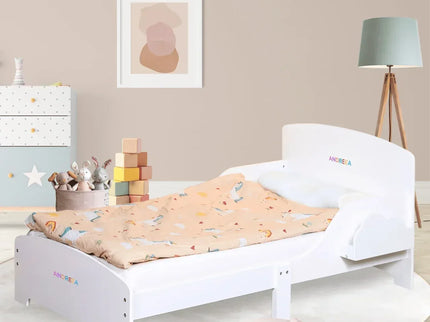 Pat Copii cu Protectie Laterala si Raft Depozitare Carti si Jucarii, Model Norisor, Patut pentru Baieti si Fetite Varsta de 3 - 8 Ani, Mobilier din Lemn MDF, Alb + Bonus Stickere Fosforescente - Bebeboo - Totul pentru copii. Jucării, Hăinuțe, Perne, Mobilier, Textile