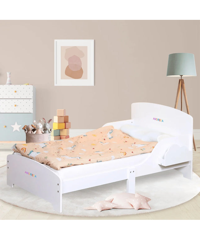 Pat Copii cu Protectie Laterala si Raft Depozitare Carti si Jucarii, Model Norisor, Patut pentru Baieti si Fetite Varsta de 3 - 8 Ani, Mobilier din Lemn MDF, Alb + Bonus Stickere Fosforescente