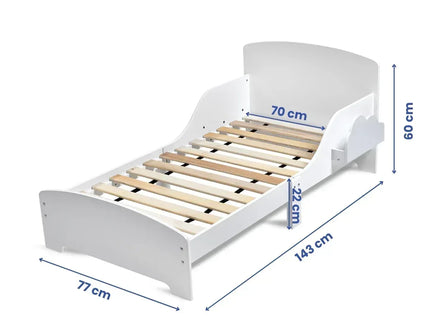 Pat Copii cu Protectie Laterala si Raft Depozitare Carti si Jucarii, Model Norisor, Patut pentru Baieti si Fetite Varsta de 3 - 8 Ani, Mobilier din Lemn MDF, Alb + Bonus Stickere Fosforescente - Bebeboo - Totul pentru copii. Jucării, Hăinuțe, Perne, Mobilier, Textile