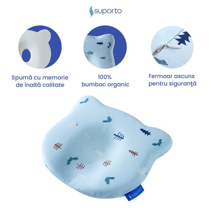 Perna Bebelusi cu Suport Ortopedic Impotriva Plagiocefaliei, Spuma cu Memorie Hipoalergenica, Ideala pentru Formarea Capului, Pentru Copii de la 0 luni la 1 an Fata de perna din bumbac, Forma Urs