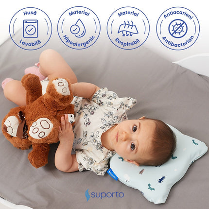 Perna Bebelusi cu Suport Ortopedic Impotriva Plagiocefaliei, Spuma cu Memorie Hipoalergenica, Ideala pentru Formarea Capului, Pentru Copii de la 0 luni la 1 an Fata de perna din bumbac, Forma Urs