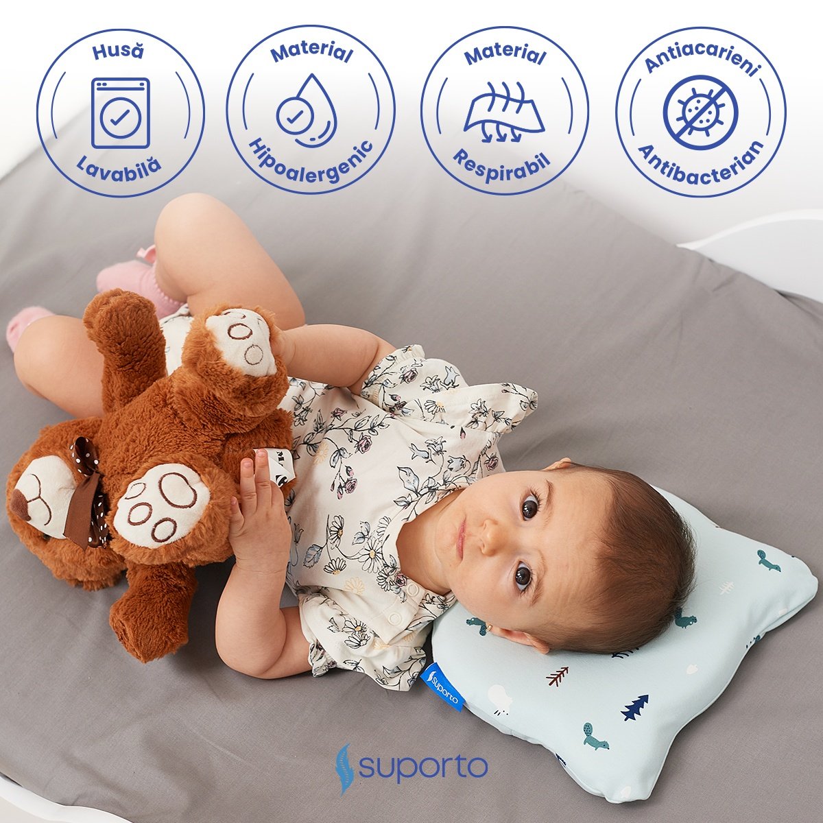 Perna Bebelusi cu Suport Ortopedic Impotriva Plagiocefaliei, Spuma cu Memorie Hipoalergenica, Ideala pentru Formarea Capului, Pentru Copii de la 0 luni la 1 an Fata de perna din bumbac, Forma Urs