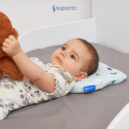 Perna Bebelusi cu Suport Ortopedic Impotriva Plagiocefaliei, Spuma cu Memorie Hipoalergenica, Ideala pentru Formarea Capului, Pentru Copii de la 0 luni la 1 an Fata de perna din bumbac, Forma Urs