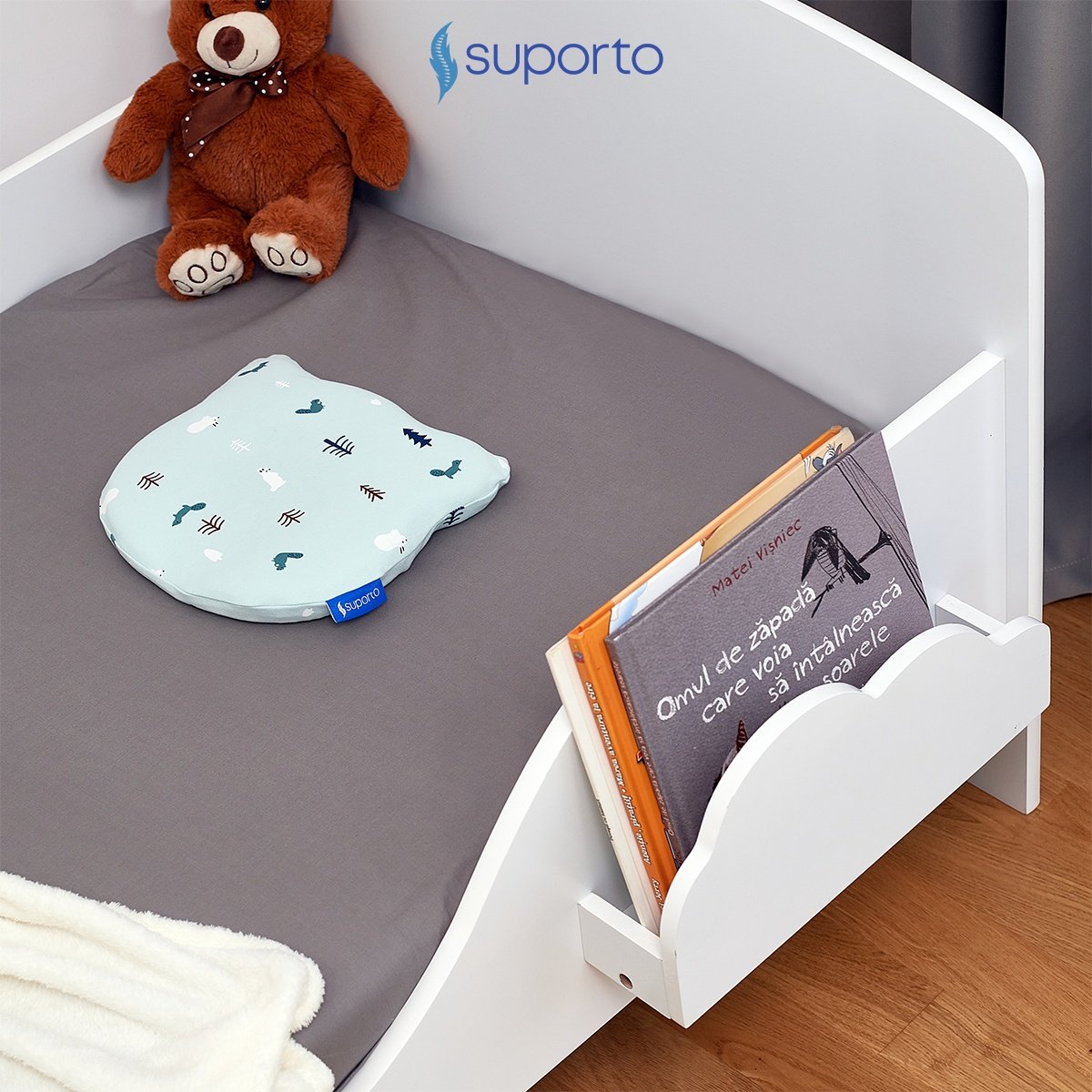 Perna Bebelusi cu Suport Ortopedic Impotriva Plagiocefaliei, Spuma cu Memorie Hipoalergenica, Ideala pentru Formarea Capului, Pentru Copii de la 0 luni la 1 an Fata de perna din bumbac, Forma Urs