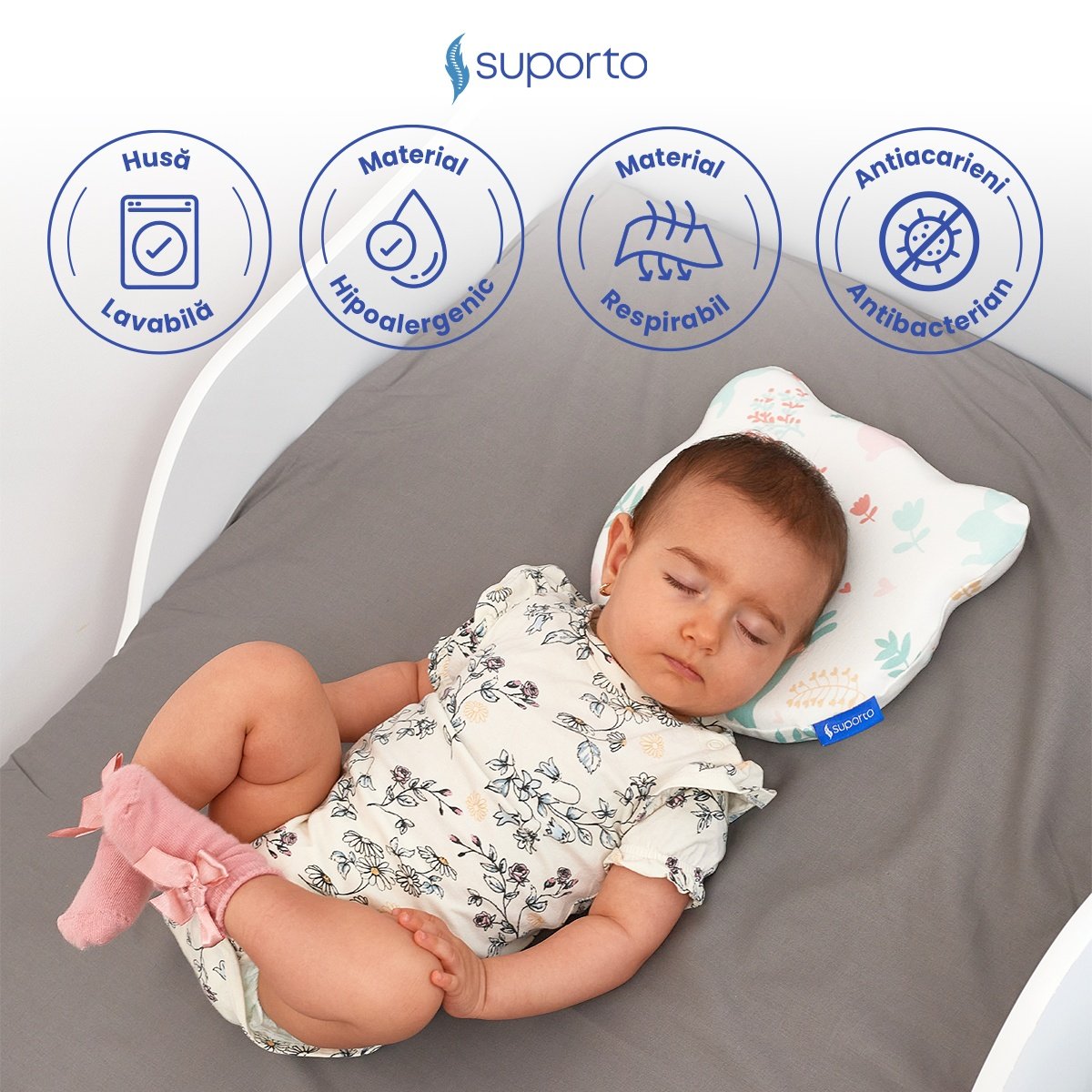 Perna Bebelusi cu Suport Ortopedic Impotriva Plagiocefaliei, Spuma cu Memorie Hipoalergenica, Ideala pentru Formarea Capului, Pentru Copii de la 0 luni la 1 an Fata de perna din bumbac, Forma Urs
